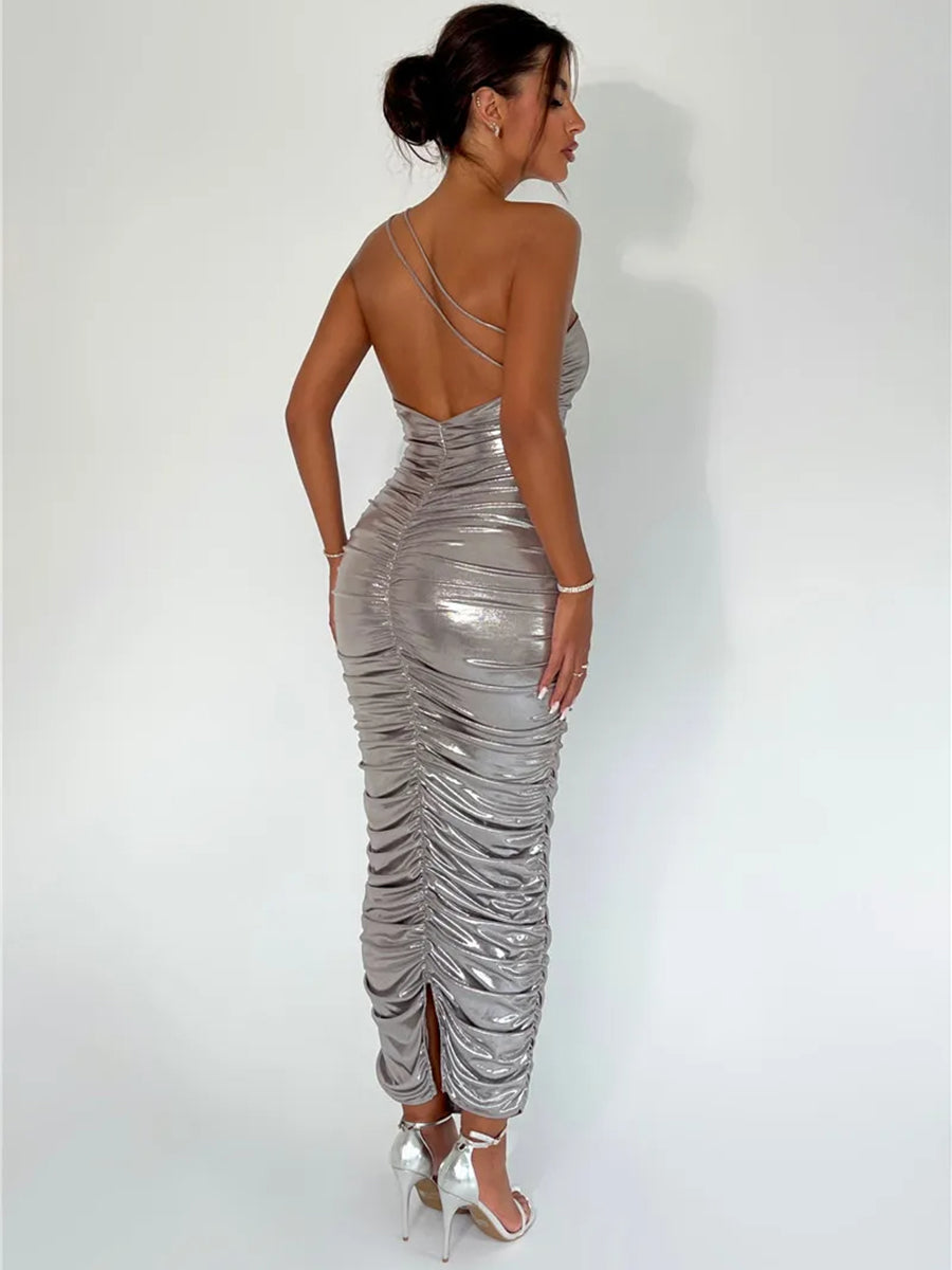 One Shoulder Strapless Backless Bodycon Maxi Dress Rown