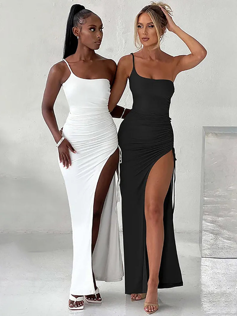 One Shoulder Strap Thigh High Split Maxi Dress - Rown