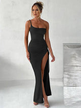 One Shoulder Strap Thigh High Split Maxi Dress - Rown