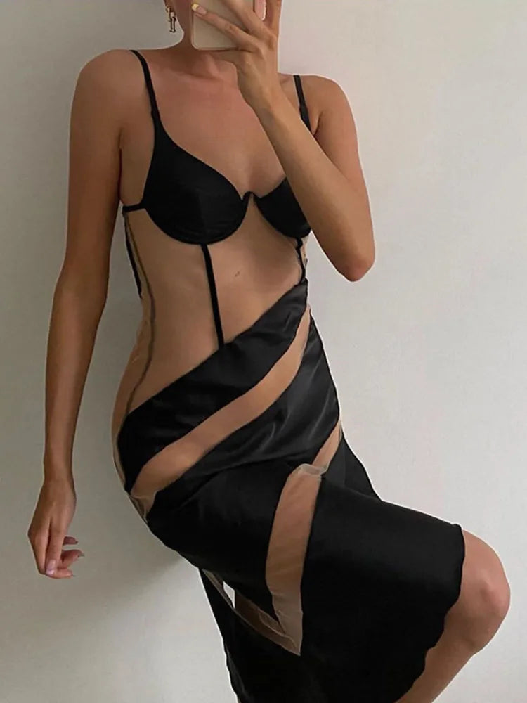 Patchwork See Through Robe Bodycon Mini Dress Rown