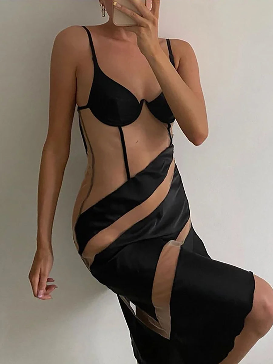 Patchwork See Through Robe Bodycon Mini Dress Rown