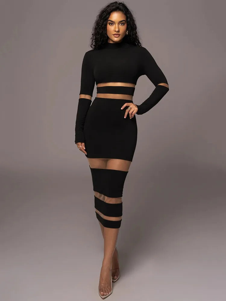 Patchwork Turtleneck Long Sleeve Bodycon Midi Dress Rown