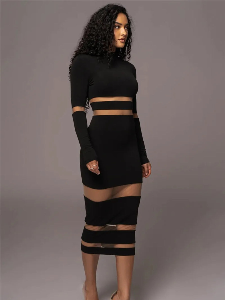 Patchwork Turtleneck Long Sleeve Bodycon Midi Dress Rown