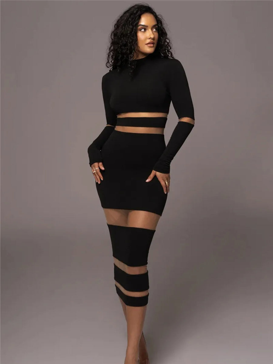 Patchwork Turtleneck Long Sleeve Bodycon Midi Dress Rown