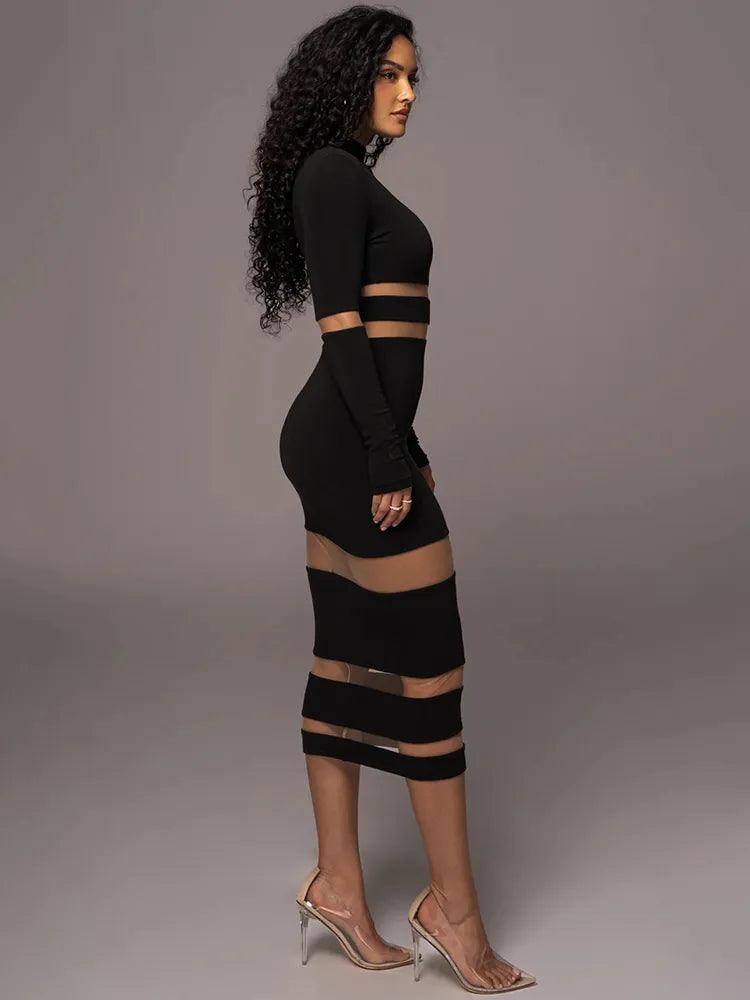 Patchwork Turtleneck Long Sleeve Bodycon Midi Dress Rown