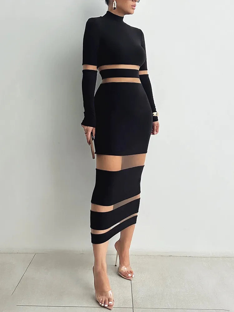 Patchwork Turtleneck Long Sleeve Bodycon Midi Dress Rown