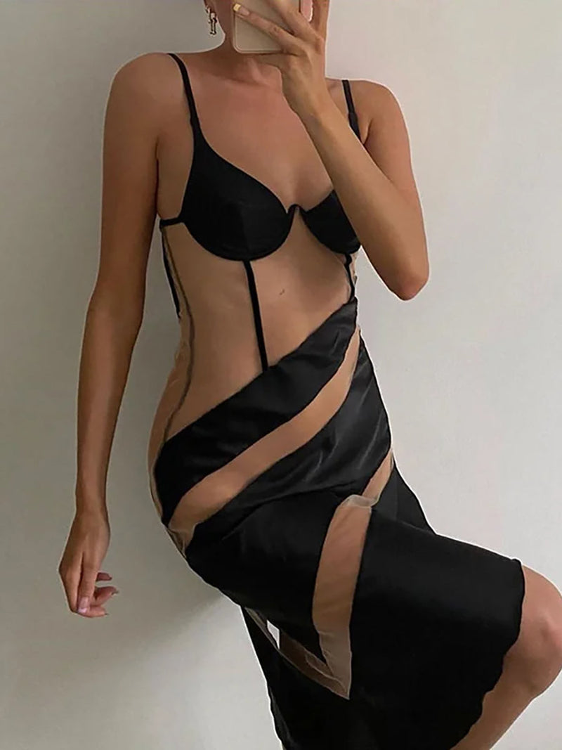 Patchwork See Through Robe Bodycon Mini Dress - Rown