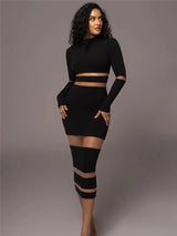 Patchwork Turtleneck Long Sleeve Bodycon Midi Dress - Rown