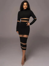 Patchwork Turtleneck Long Sleeve Bodycon Midi Dress - Rown