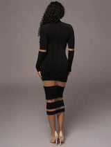 Patchwork Turtleneck Long Sleeve Bodycon Midi Dress - Rown