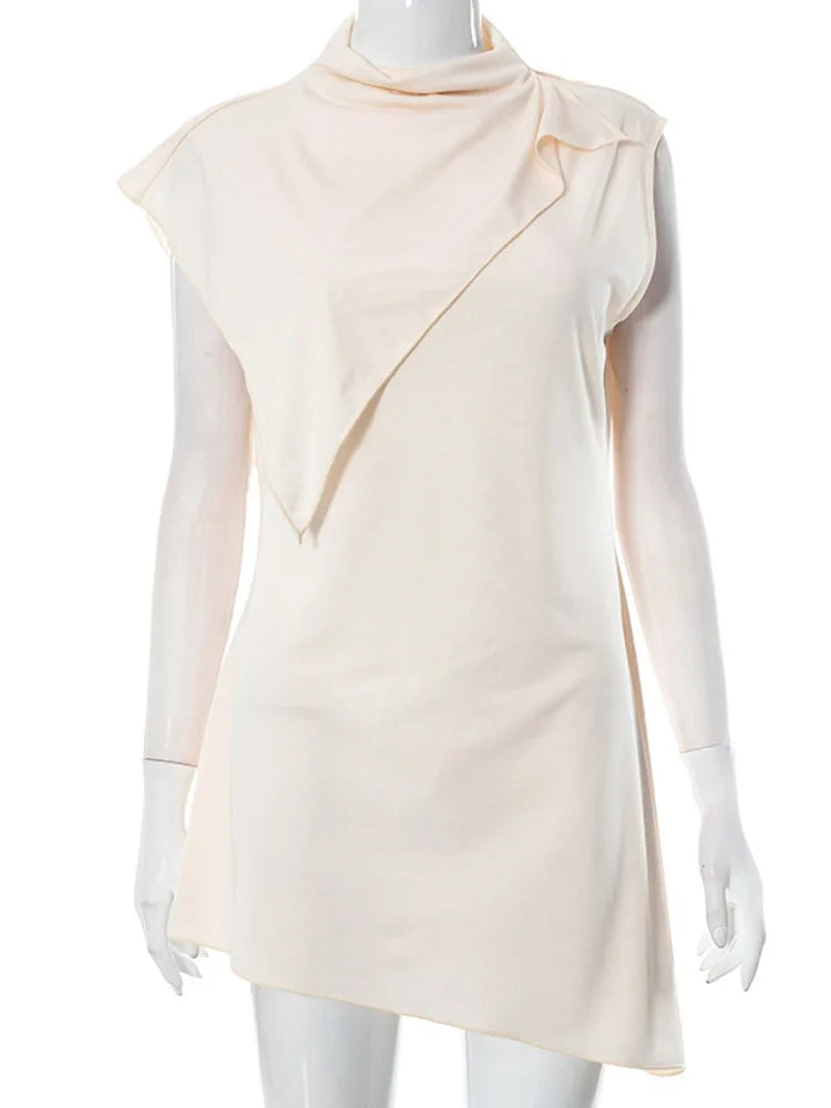 Pile Collar Irregular Solid Sleeveless Shawl Slim Mini Dress - Rown