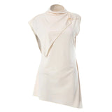 Pile Collar Irregular Solid Sleeveless Shawl Slim Mini Dress - Rown