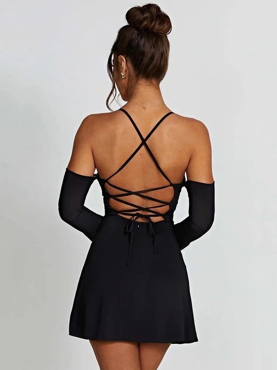 Pleated Bust Lace Up Back Mini Dress Rown