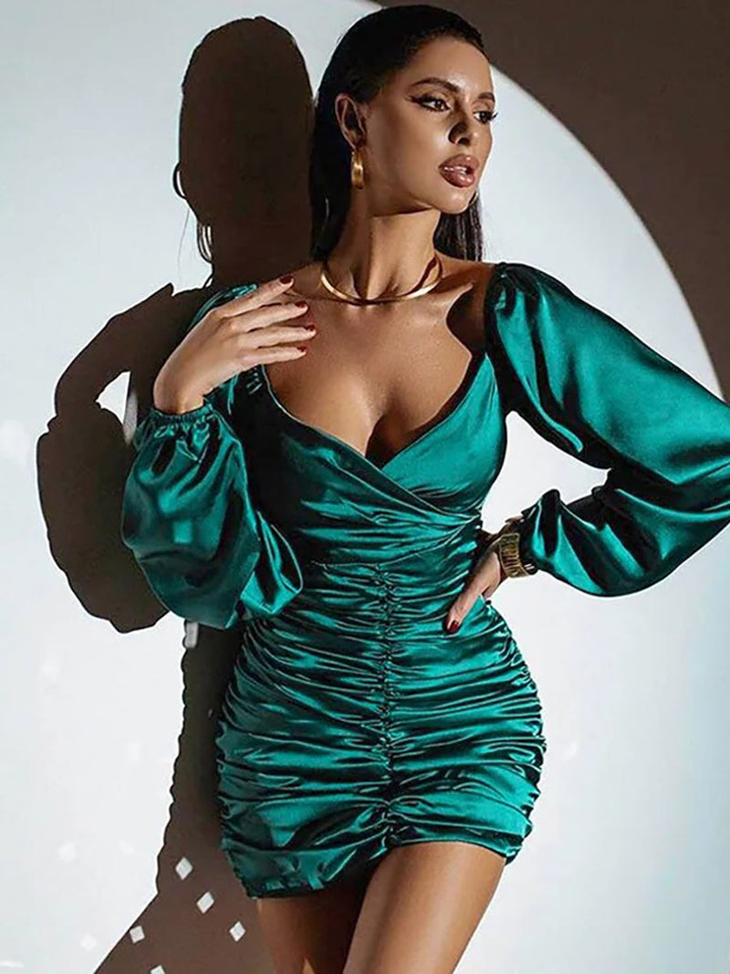 Pleated Backless High Stretch Satin Mini Dress - Rown