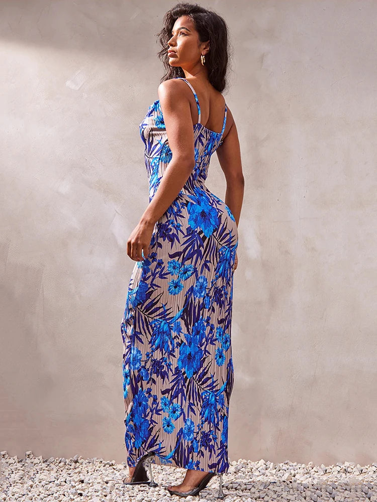 Print Pleated Bodycon Backless Slip Maxi Dress Rown