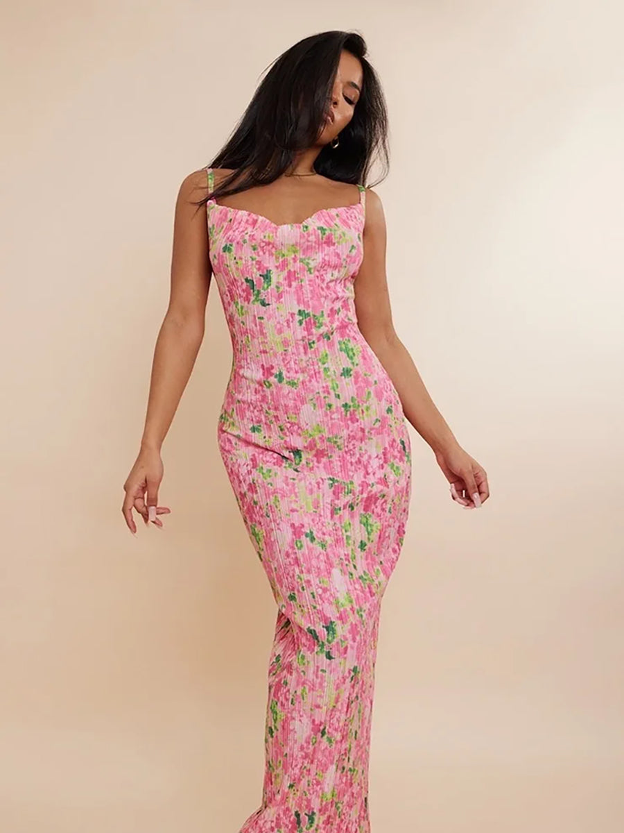 Print Pleated Bodycon Backless Slip Maxi Dress Rown