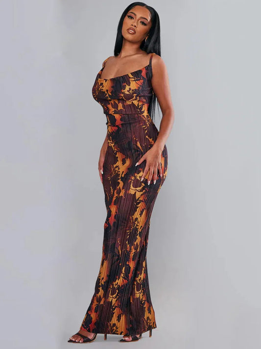 Print Pleated Bodycon Backless Slip Maxi Dress Rown