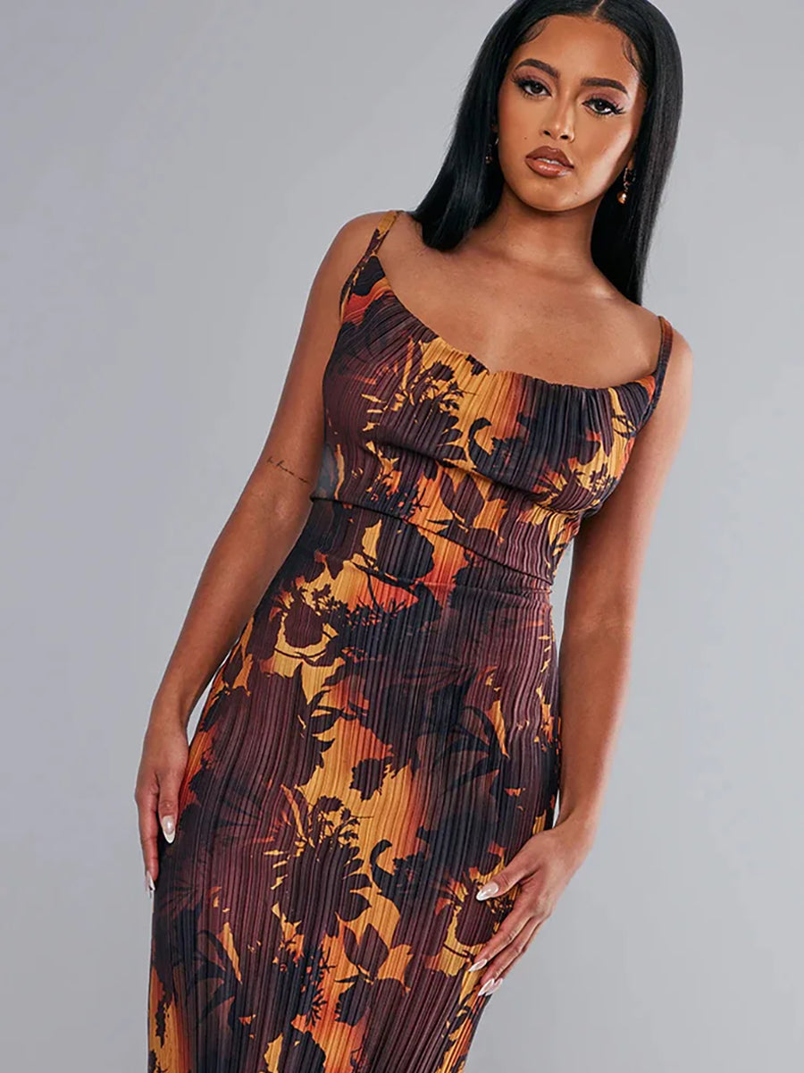 Print Pleated Bodycon Backless Slip Maxi Dress Rown