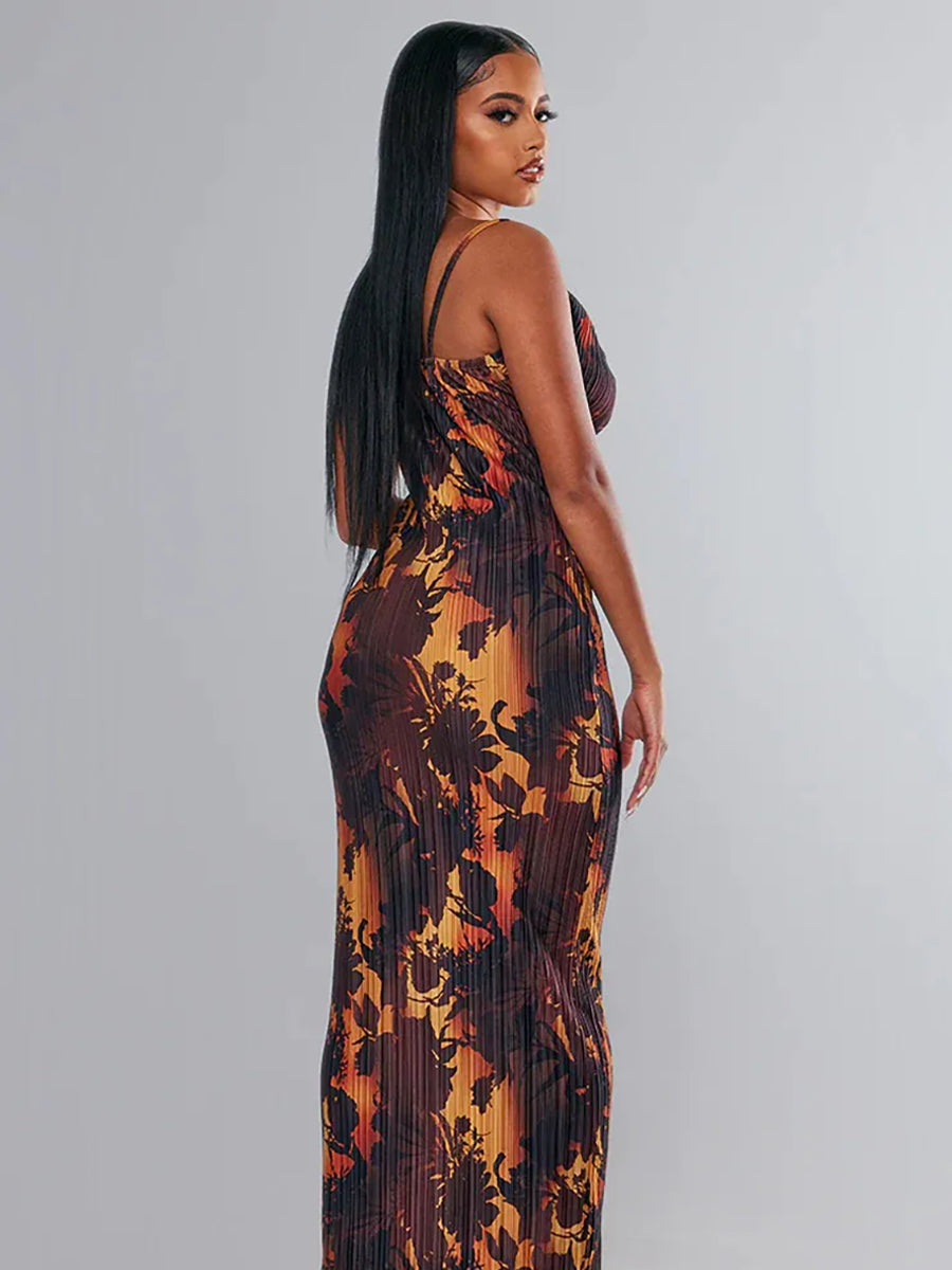 Print Pleated Bodycon Backless Slip Maxi Dress Rown