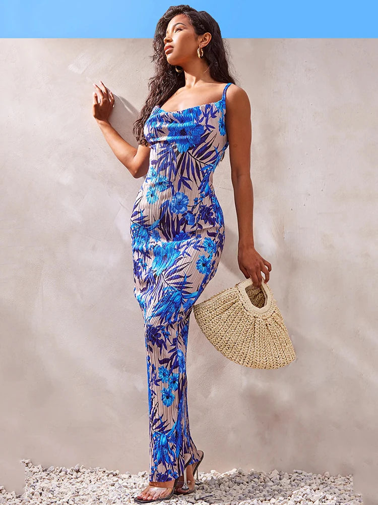 Print Pleated Bodycon Backless Slip Maxi Dress Rown