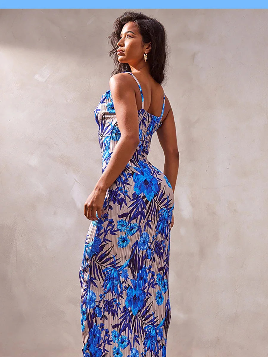 Print Pleated Bodycon Backless Slip Maxi Dress Rown