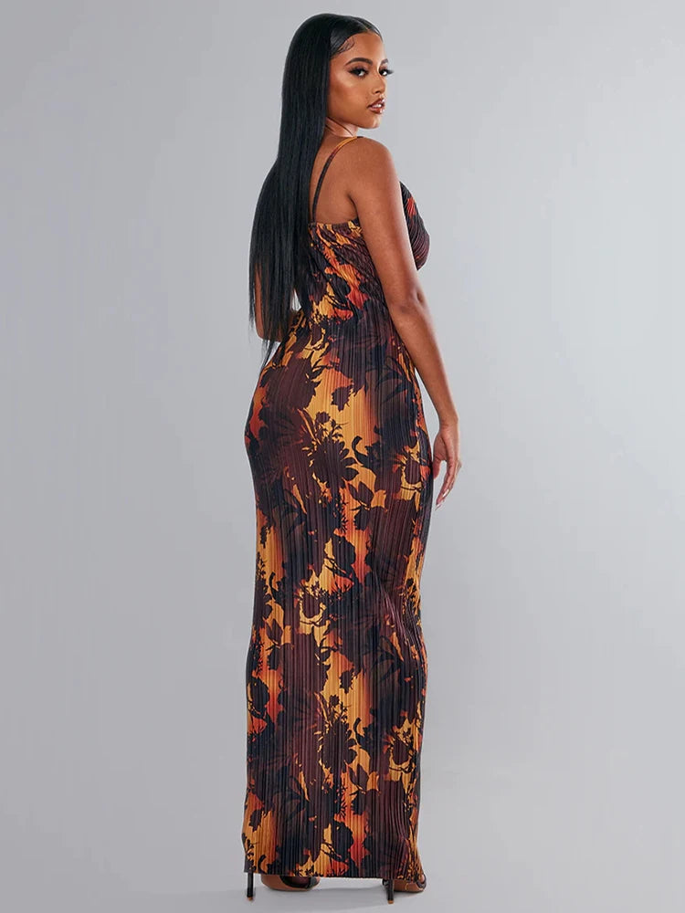 Print Pleated Bodycon Backless Slip Maxi Dress Rown