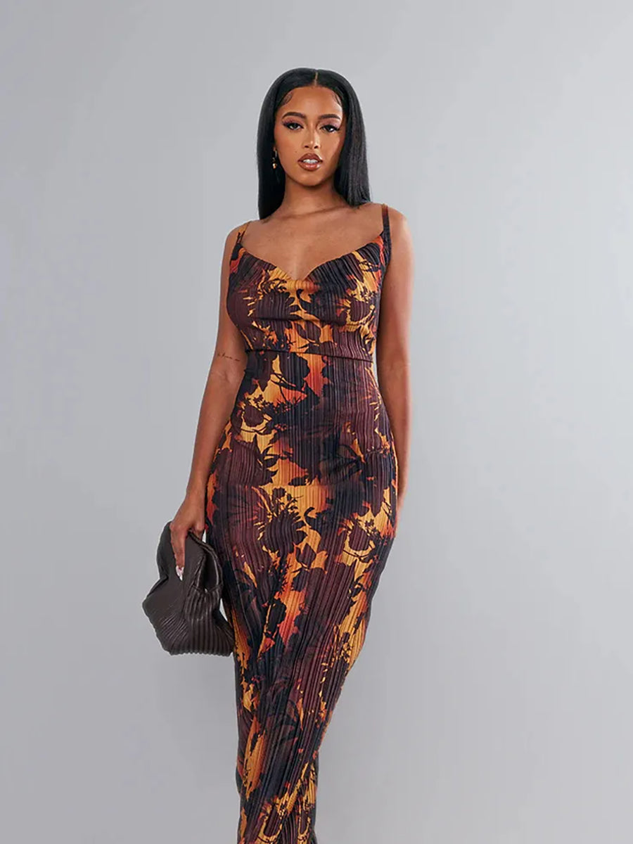 Print Pleated Bodycon Backless Slip Maxi Dress Rown