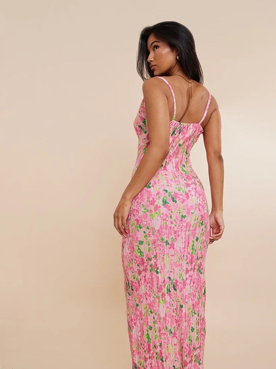 Print Pleated Bodycon Backless Slip Maxi Dress Rown