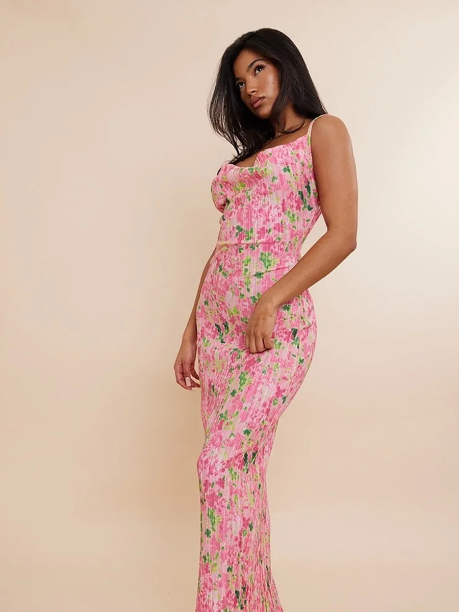 Print Pleated Bodycon Backless Slip Maxi Dress Rown