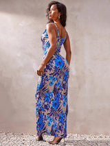 Print Pleated Bodycon Backless Slip Maxi Dress - Rown