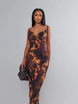 Print Pleated Bodycon Backless Slip Maxi Dress - Rown