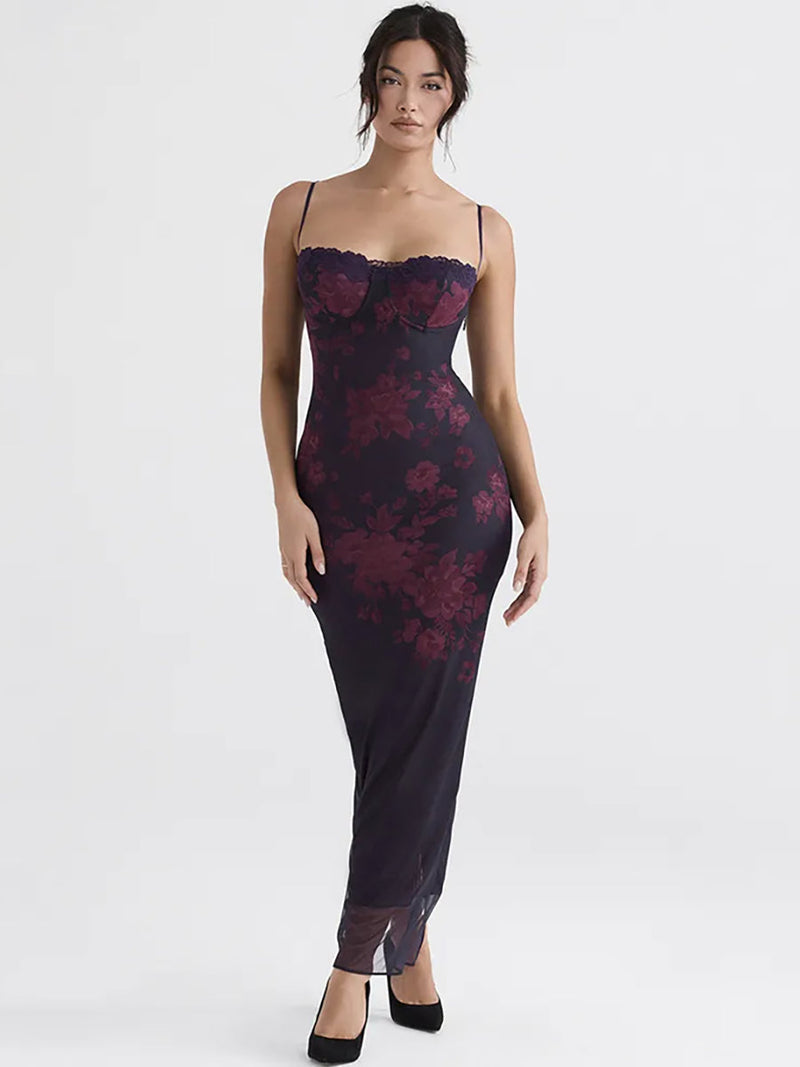 Purple Print Long Fishtail Backless Ruched Maxi Dress - Rown