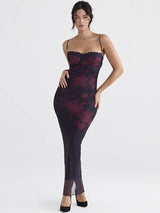 Purple Print Long Fishtail Backless Ruched Maxi Dress - Rown