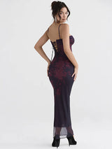 Purple Print Long Fishtail Backless Ruched Maxi Dress - Rown