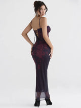 Purple Print Long Fishtail Backless Ruched Maxi Dress - Rown