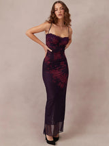 Purple Print Long Fishtail Backless Ruched Maxi Dress - Rown