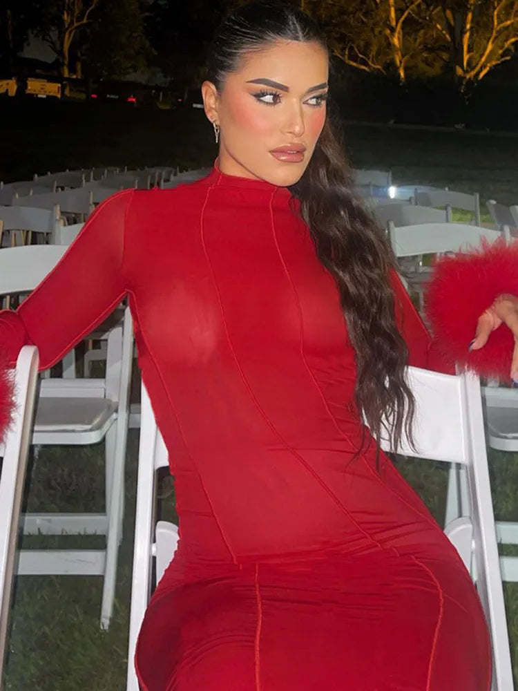 Red Feather Gown Turtleneck Backless Sleeve Midi Dress Rown