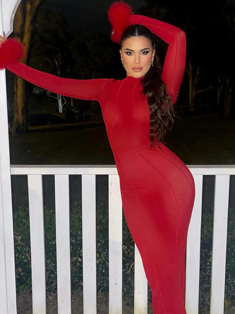 Red Feather Gown Turtleneck Backless Sleeve Midi Dress - Rown