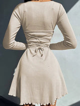 Ribbed Long Sleeve O Neck Bandage Lace-up Mini Dress Rown
