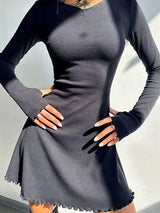 Ribbed Long Sleeve O Neck Bandage Lace-up Mini Dress Rown
