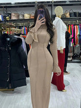 Ribbed Solid Patchwork O-Neck Long Dress Rown
