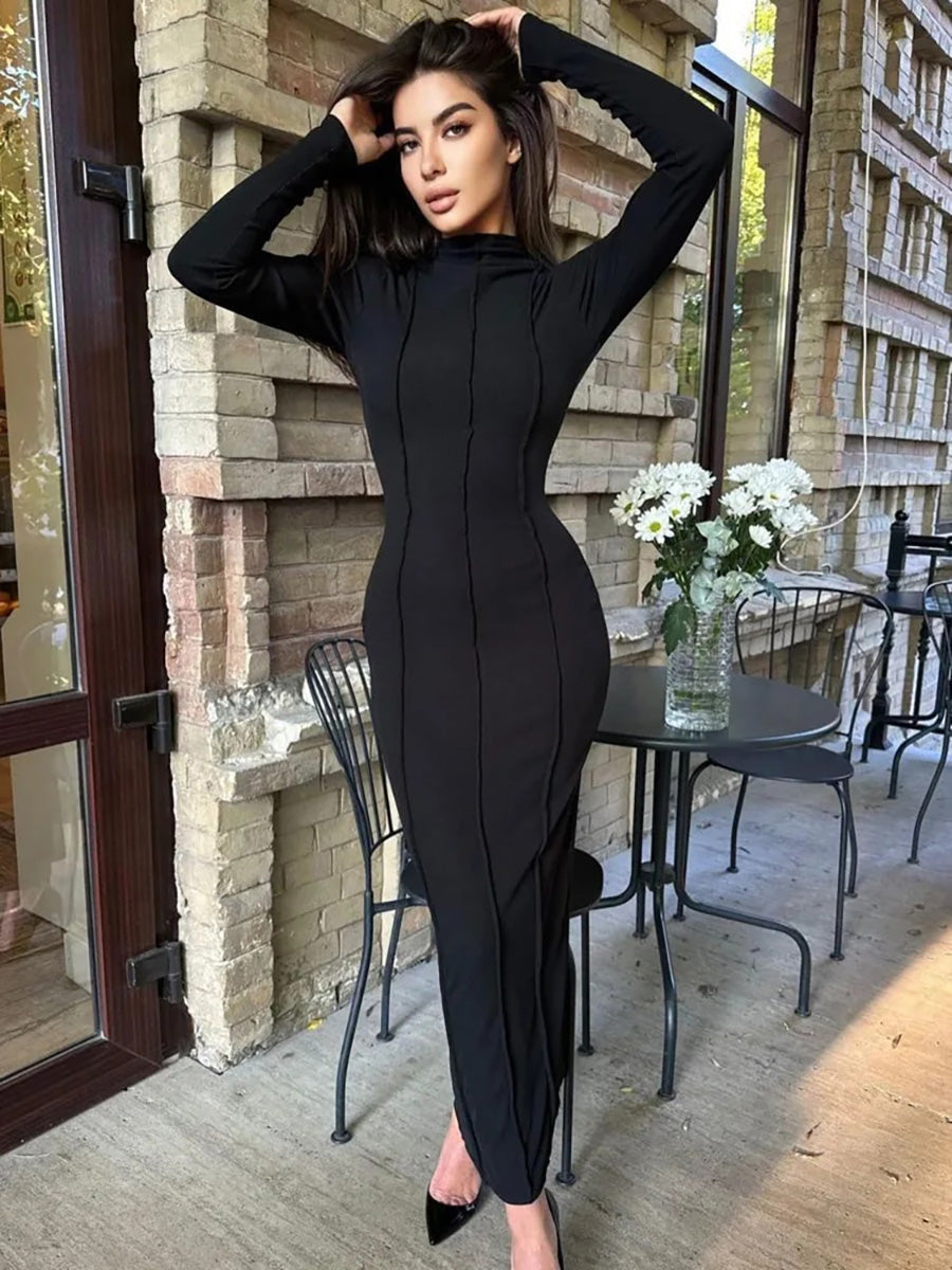 Ribbed Solid Patchwork O-Neck Long Dress Rown