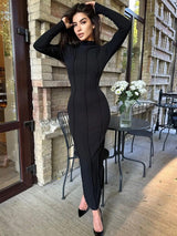 Ribbed Solid Patchwork O-Neck Long Dress - Rown