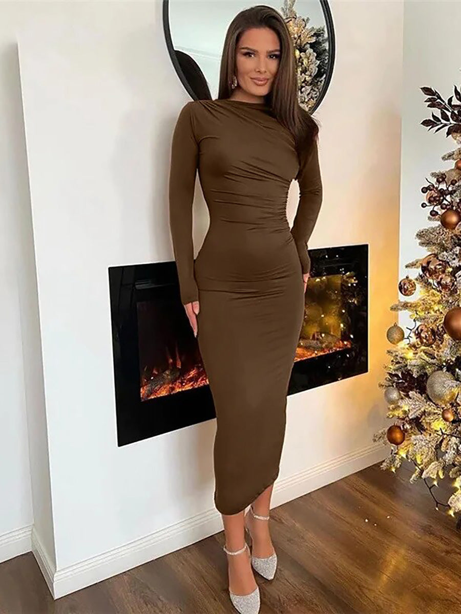 Round Neck Long Sleeve Slim Fit Wrap Hip Maxi Dress Rown