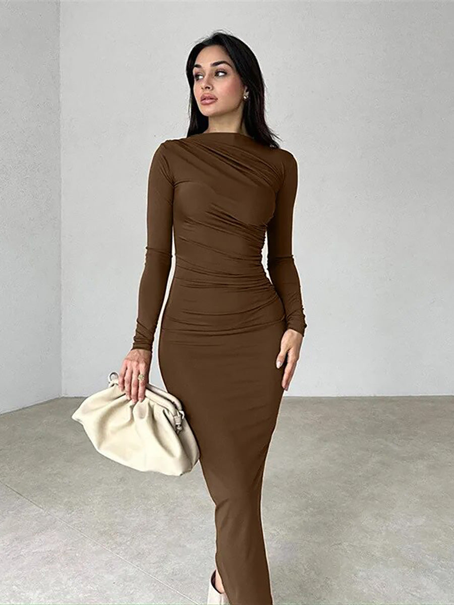 Round Neck Long Sleeve Slim Fit Wrap Hip Maxi Dress Rown