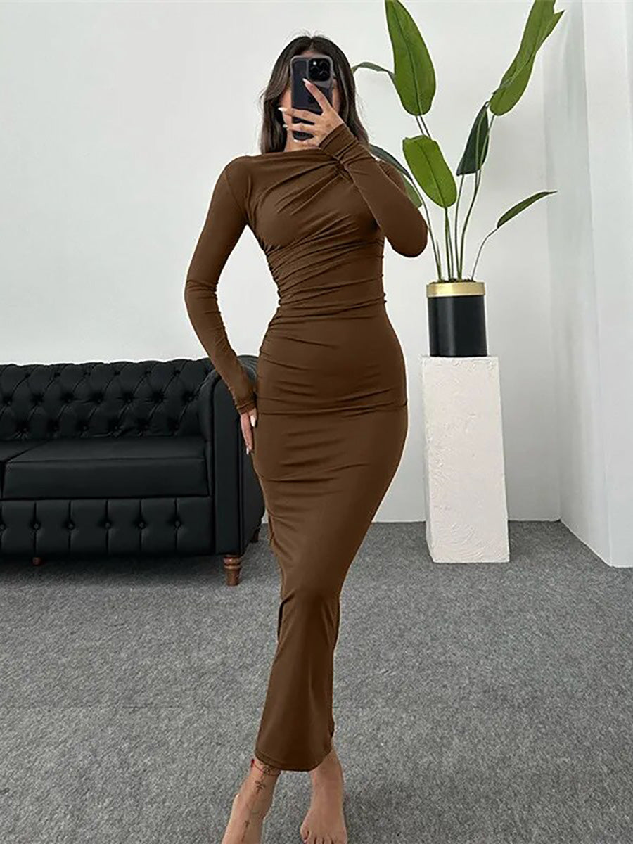 Round Neck Long Sleeve Slim Fit Wrap Hip Maxi Dress Rown