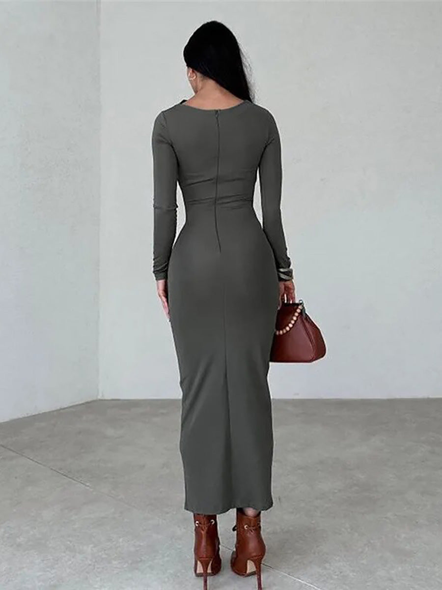 Round Neck Long Sleeve Slim Fit Wrap Hip Maxi Dress Rown