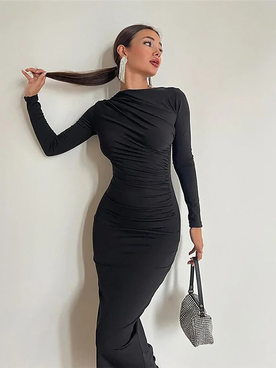 Round Neck Long Sleeve Slim Fit Wrap Hip Maxi Dress Rown