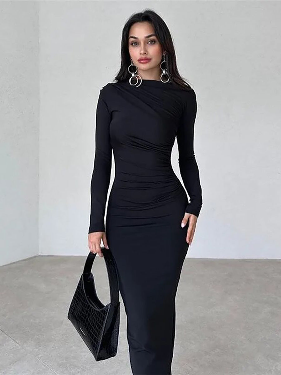 Round Neck Long Sleeve Slim Fit Wrap Hip Maxi Dress Rown