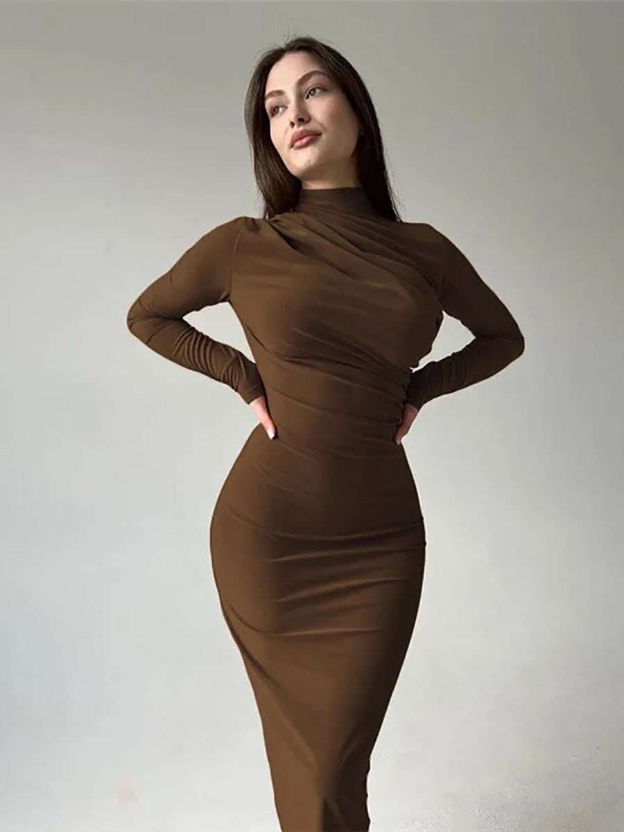 Round Neck Long Sleeve Slim Fit Wrap Hip Maxi Dress Rown